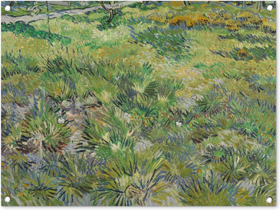 Tuinschilderij Grasveld met bloemen en vlinders - Vincent van Gogh - 80x60 cm - Tuinposter - Tuindoek - Buitenposter