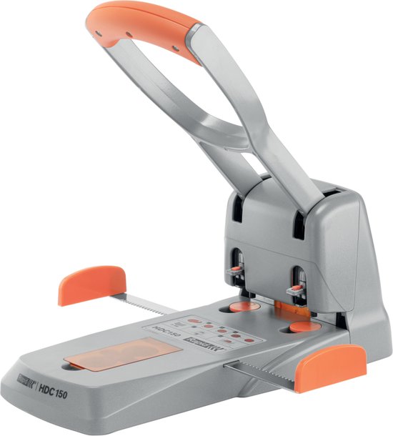 Zilverkleurige perforator HDC 150 met oranje handvat en oranje accenten. Met papiergeleider.
