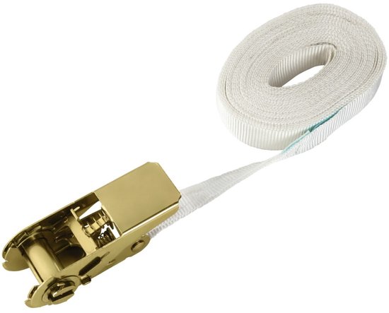Rol met witte spanband en een opengeklapt gouden ratelmechanisme.