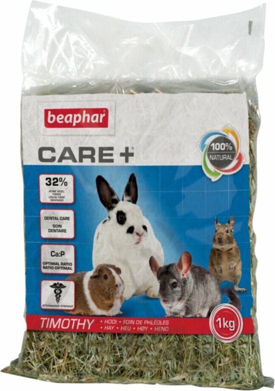 Zak Beaphar Care+ Timothy hooi van 1kg, met afbeeldingen van konijn, cavia, chinchilla en hamster.