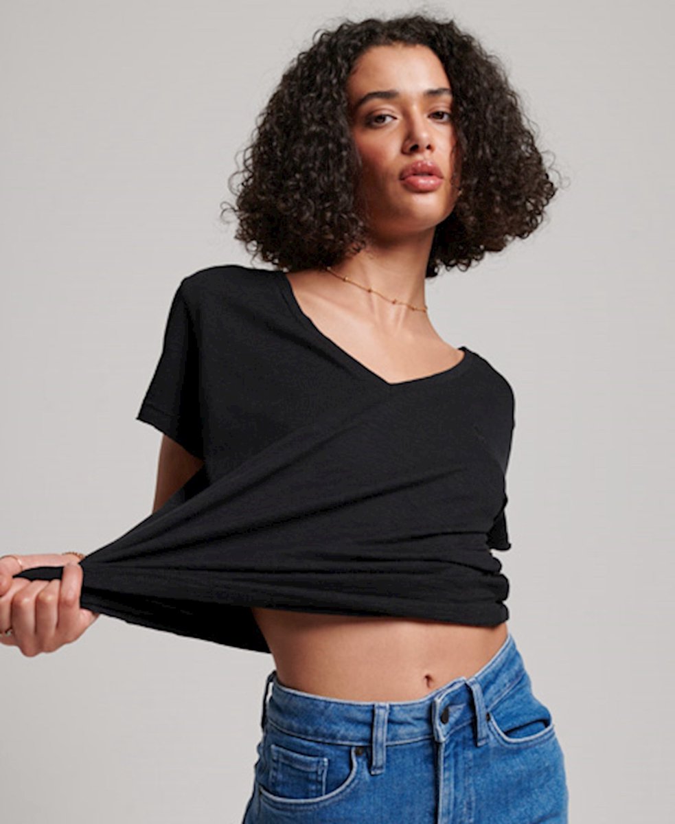 Superdry Dames tshirt Ruimvallend geborduurd T-shirt met V-hals Zwart