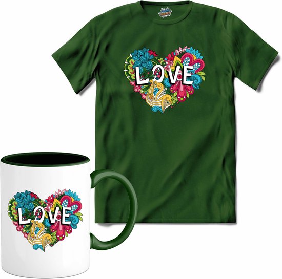 Love With Flowers | Valentijn - Valentijnsdag - Cadeau - Kado - T-Shirt met mok - Unisex - Bottle Groen - Maat 4XL