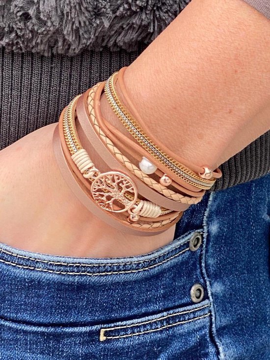 Bracelet dames en or rose 19,5 cm - bracelet en cuir design Galeara rose avec des nuances de sable dames arbre de vie Galeara design