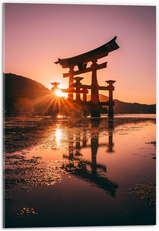 Acrylglas - Ondergaande Zon - Itsukushima Shrine Japan - 40x60 cm Foto op Acrylglas (Met Ophangsysteem)