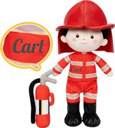 Sandra's Poppenkraam - Carl Brandweerman - knuffelpop - met brandblusser - gratis met naam - rood