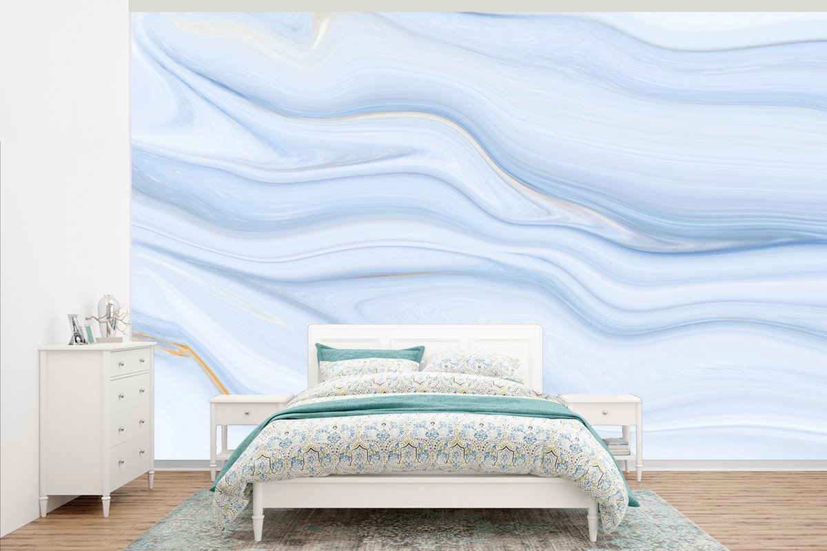 Behang - Fotobehang Marmer - Golf - Blauw - Patronen - Marmerlook - Pastel - Breedte 405 cm x hoogte 260 cm