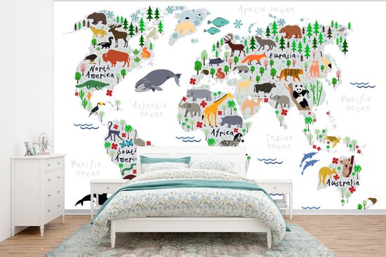 Papier peint - Papiers Papier peint photo Wereldkaart - Enfants - Animaux - Plantes - Largeur 375 cm x Hauteur 280 cm