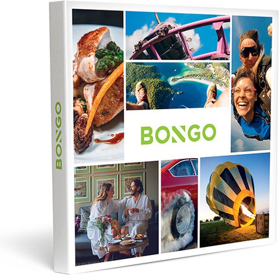 Collage van een Bongo cadeaukaart met diverse avontuurlijke activiteiten en een ontspannend hotelverblijf.