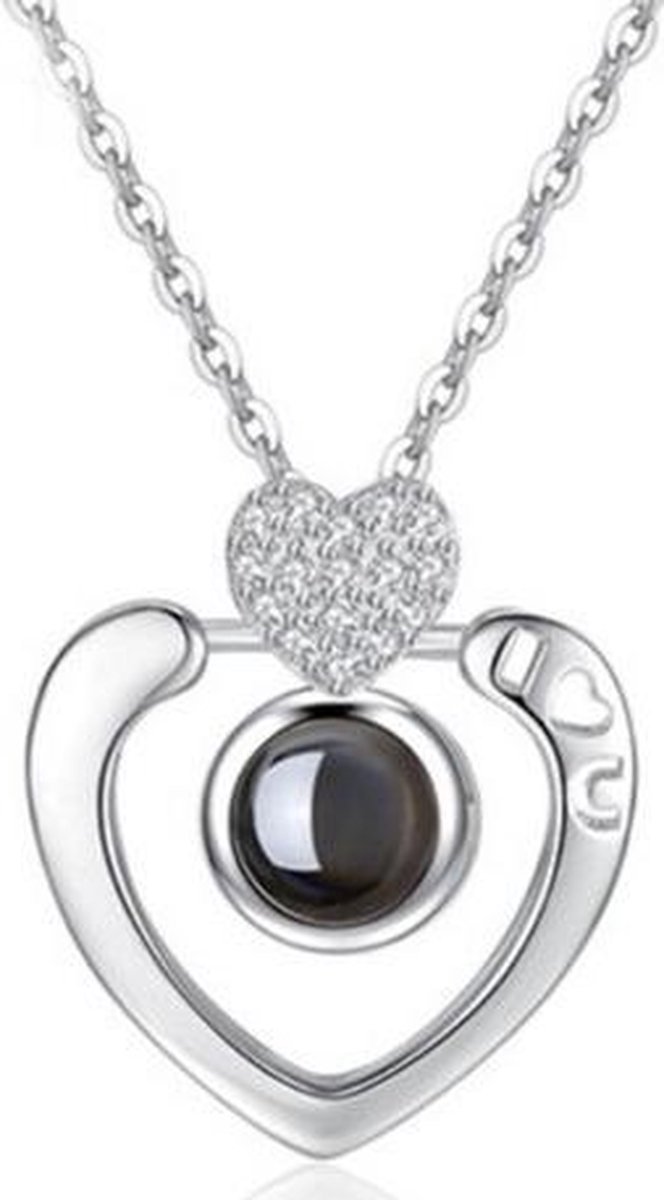 GreatGift® -Hartjes ketting met zirkonias- Zilverkleurig - Liefdes ketting - Ik hou van je - in luxe geschenkzakje