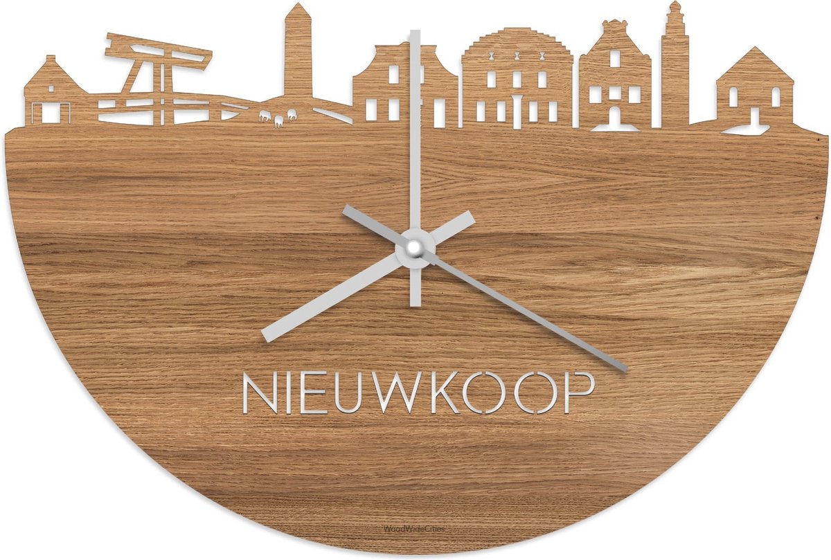 Skyline Klok Nieuwkoop Eikenhout - Ø 40 cm - Stil uurwerk - Wanddecoratie - Meer steden beschikbaar - Woonkamer idee - Woondecoratie - City Art - Steden kunst - Cadeau voor hem - Cadeau voor haar - Jubileum - Trouwerij - Housewarming - WoodWideCities