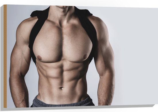 Hout - Bodybuilder Lichaam van Man tegen Witte Achtergrond - 90x60 cm - 9 mm dik - Foto op Hout (Met Ophangsysteem)