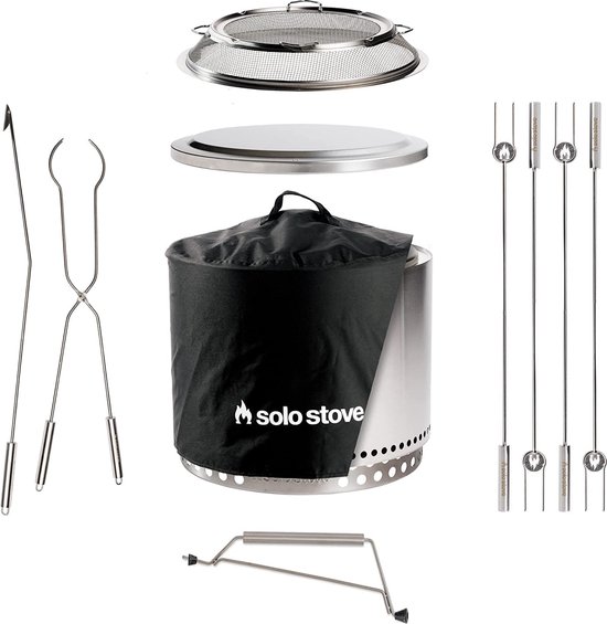 Solo Stove Bonfire Volledige Set 2.0 | Incl. Rookloze fire pit, Standaard, Beschermhoes, Afdekplaat, Deksel, Handgreep, Braadspiezen, Gereedschap ,Houtgestookt, met uitneembare aslade, Roestvrij staal