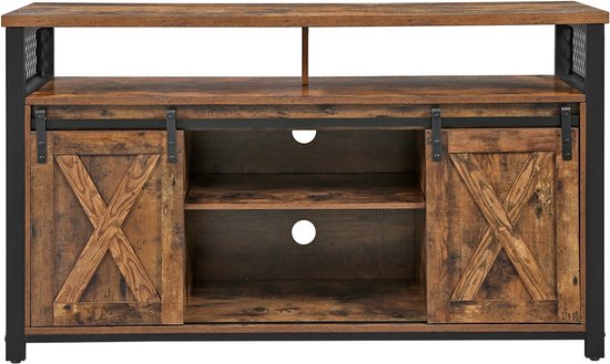 Meuble TV BTM Style Rustique - 150x40x78 Cm, 2 Portes Coulissantes, étagères Réglables - Support TV Jusqu'à 65"