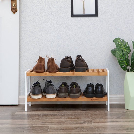 Bamboe - Schoenenrek - 2 niveau's - Badkamerplank - schoenenkast - Bamboe schoenenrek - Voor 8 paar schoenen - Wit-natuurlijk