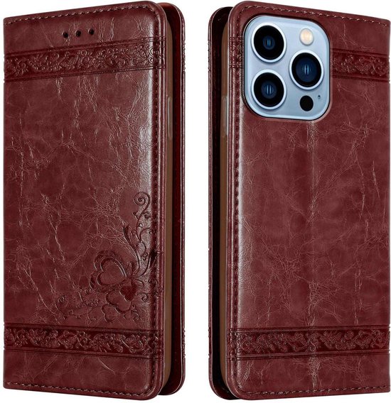Étui Cadorabo pour Apple iPhone 13 PRO en rouge foncé avec ornements - Étui de protection avec fermeture magnétique, fonction support et poche pour cartes Case Cover Etui