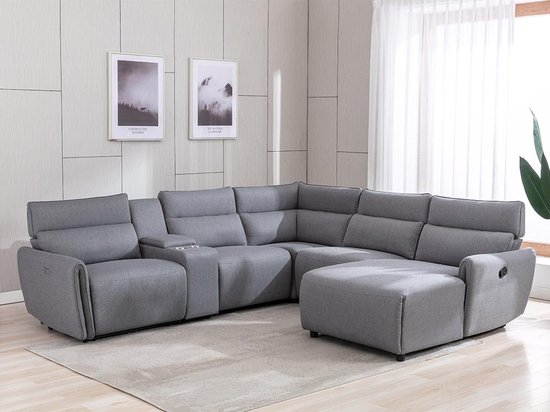 Canapé d'angle droit panoramique avec fauteuil relax électrique tissu gris  CAMBODGE L... | bol
