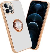 Cadorabo Hoesje geschikt voor Apple iPhone 12 PRO in Glossy Wit - Goud met ring - Beschermhoes van flexibel TPU-silicone Case Cover met camerabescherming en magnetische autohouder