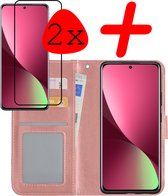 Hoes Geschikt voor Xiaomi 12 Hoesje Bookcase Hoes Flip Case Book Cover Met 2x Screenprotector - Hoesje Geschikt voor Xiaomi 12 Hoes Book Case Hoesje - Rosé goud