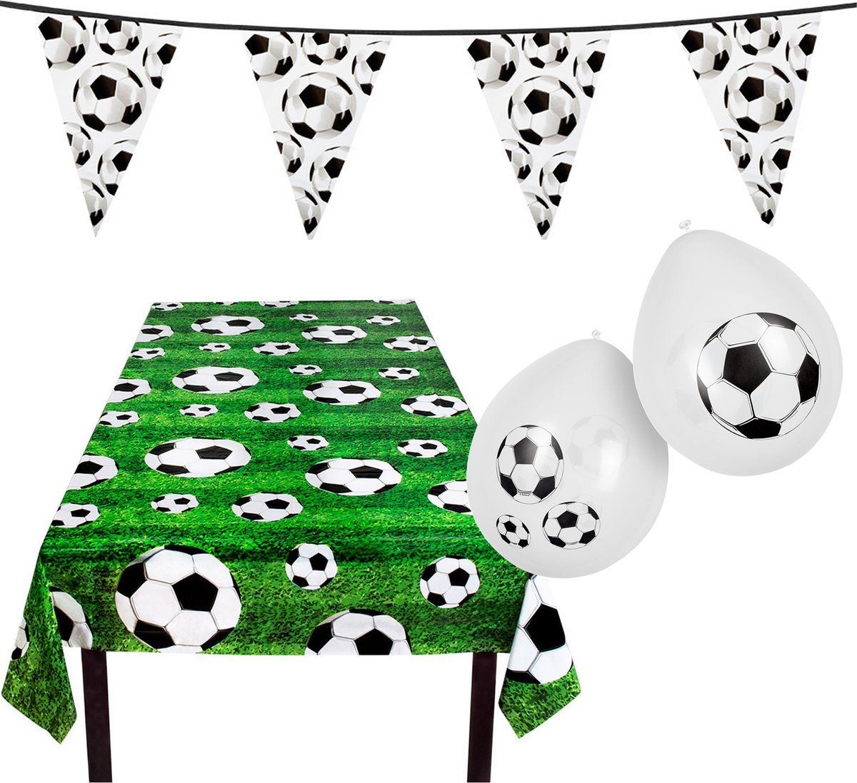 Boland Voetbal versiering feestpakket - tafelkleed 120 x 180 cm - vlaggenlijn 6 m - 12x ballonnen