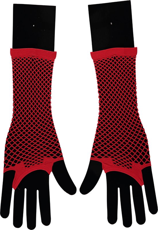 Apollo - Visnet handschoenen - Lange handschoenen - Rood - One Size - Kanten handschoenen - Neon verkleedkleding - Feestkleding - Carnaval