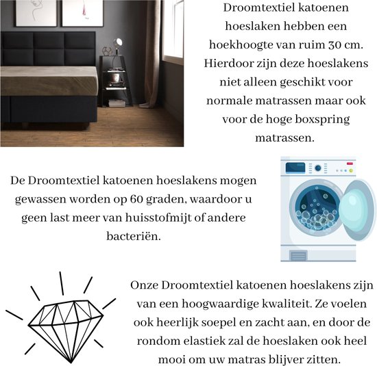 Droomtextiel katoenen hoeslakens hebben een hoekhoogte van 30 cm, geschikt voor hoge boxspring matrassen. Wasbaar op 60 graden.
