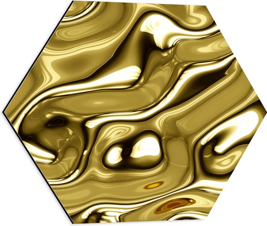 Dibond Hexagon - Vloeibaar Metaal in het Goud - 50x43.5 cm Foto op Hexagon (Met Ophangsysteem)