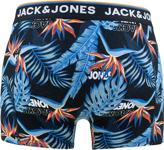Zwarte boxershorts met tropische print van bladeren en bloemen en een oranje band van JACK & JONES.