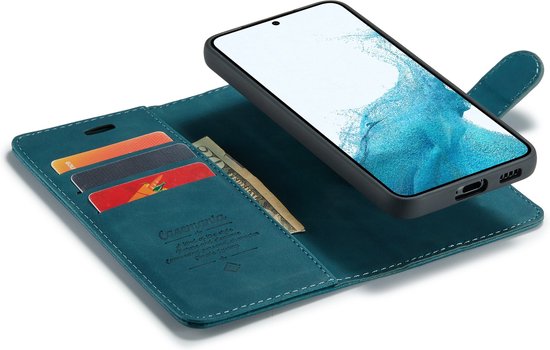Turquoise Casemania telefoonhoesje, open met telefoon, pasjes en dollarsbiljet erin.