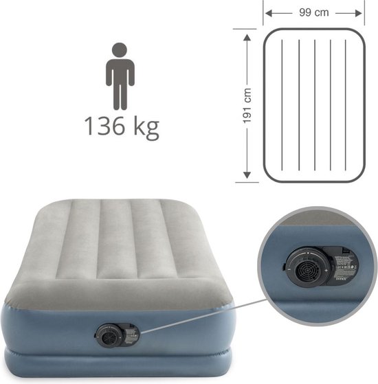 Matelas Gonflable Intex - 1 Personne - 99 x 191x 30 cm - Grijs - Avec pompe intégrée + Hoeslaken Zwart + Oreiller + Taies d'oreiller Molton 2 en 1 + Kit de réparation