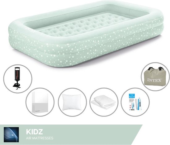 Intex Kidz luchtbed - 1-Persoons - 107x168x25 cm (BxLxH) - Mintgroen - Met handpomp + Hoeslaken Wit + Kussen + Molton 2 in 1 Kussenslopen + Reparatieset