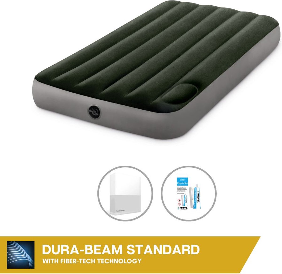 Intex Luchtbedset- 1-Persoons - 99 x 191 x 25 cm - Groen - Met ingebouwde voetpomp + Hoeslaken Wit + Reparatieset