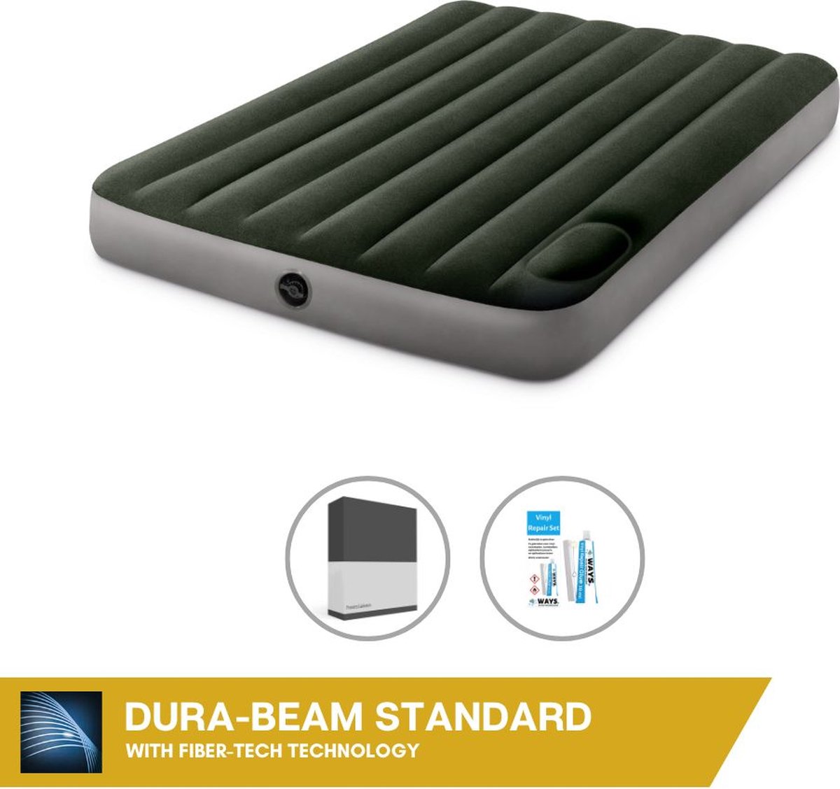 Intex Luchtbedset- Twijfelaar - 137 x 191 x 25 cm - Groen - Met ingebouwde voetpomp + Hoeslaken Zwart + Reparatieset