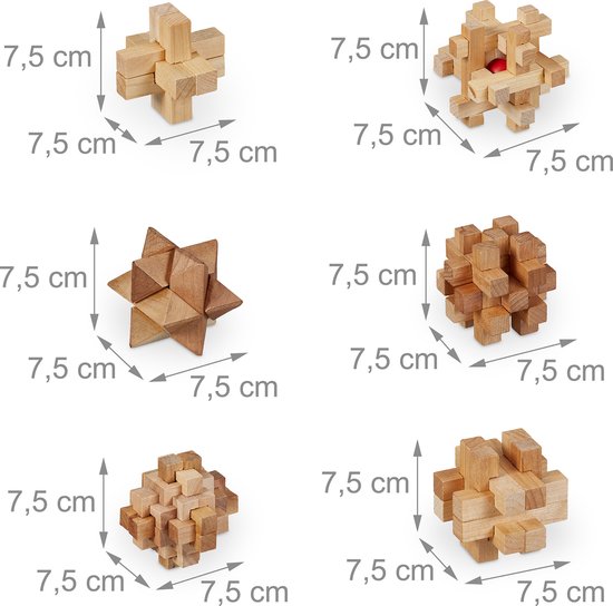 Thumbnail van een extra afbeelding van het spel Relaxdays houten denkpuzzels - set van 6 - denkspellen - volwassenen - iq puzzels - kubus