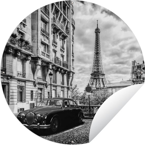Tuincirkel Vierkante zwart-wit foto van de Eiffeltoren in Parijs - zwart wit - 120x120 cm - Ronde Tuinposter - Buiten XXL / Groot formaat!
