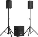 Set van twee zwarte Vonyx luidsprekers op statief en een subwoofer.