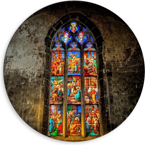 WallClassics - Dibond Muurcirkel - Glas-in-lood Raam in de Notre-Dame Kerk - 80x80 cm Foto op Aluminium Muurcirkel (met ophangsysteem)