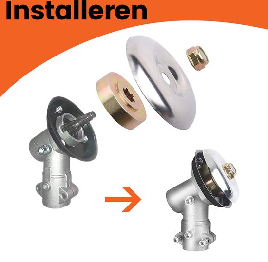 Montage-instructies: zilverkleurige motorbehuizing, schijf, moer en tandwiel; witte achtergrond.
