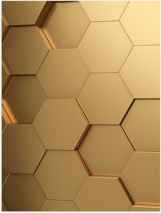 Poster Glanzend – Hexagon Wand in het Goud - 60x80 cm Foto op Posterpapier met Glanzende Afwerking