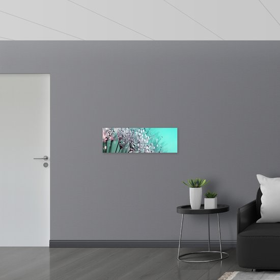 WallClassics - Dibond - Close up van Waterdruppels op Paardenbloem - 90x30 cm Foto op Aluminium (Wanddecoratie van metaal) - WallClassics