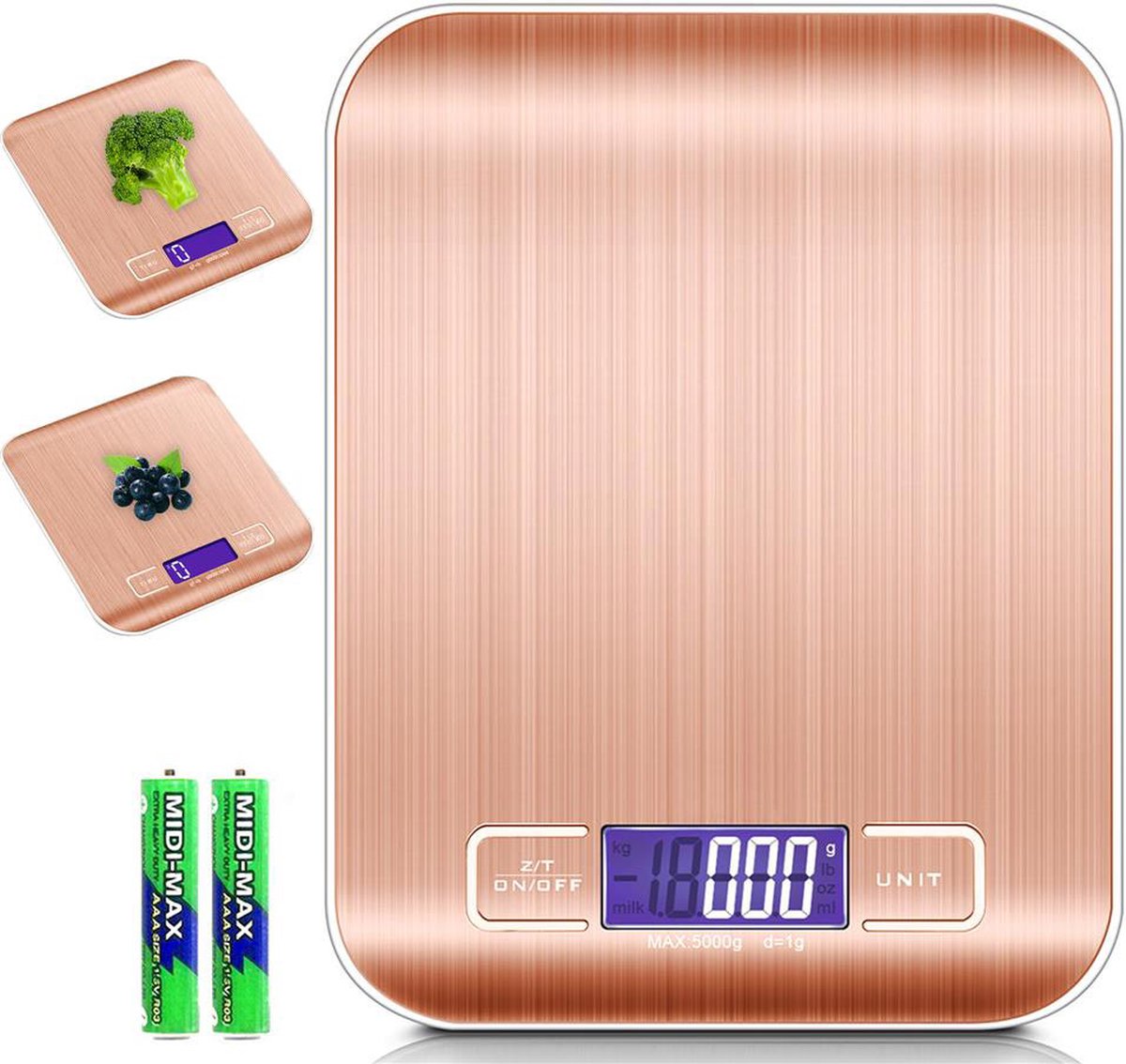 Intirilife digitale keukenweegschaal in ROSÉ GOUD - 18 x 14 x 1,5 cm, 5 kg, elektronische weegschaal met tarrafunctie, uiterst nauwkeurig