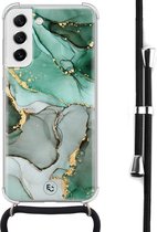 Hoesje met koord geschikt voor Samsung Galaxy S21 FE - Marble Design - Inclusief zwart koord - Crossbody beschermhoes - Transparant, Groen - ELLECHIQ