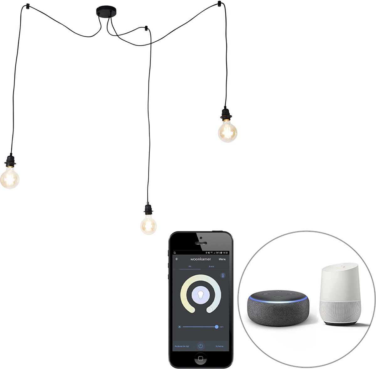 QAZQA cava luxe - Moderne LED Smart Hanglamp incl. wifi - 3 lichts - Ø 40 cm - Zwart - Woonkamer | Slaapkamer | Keuken Zwart Smart LED