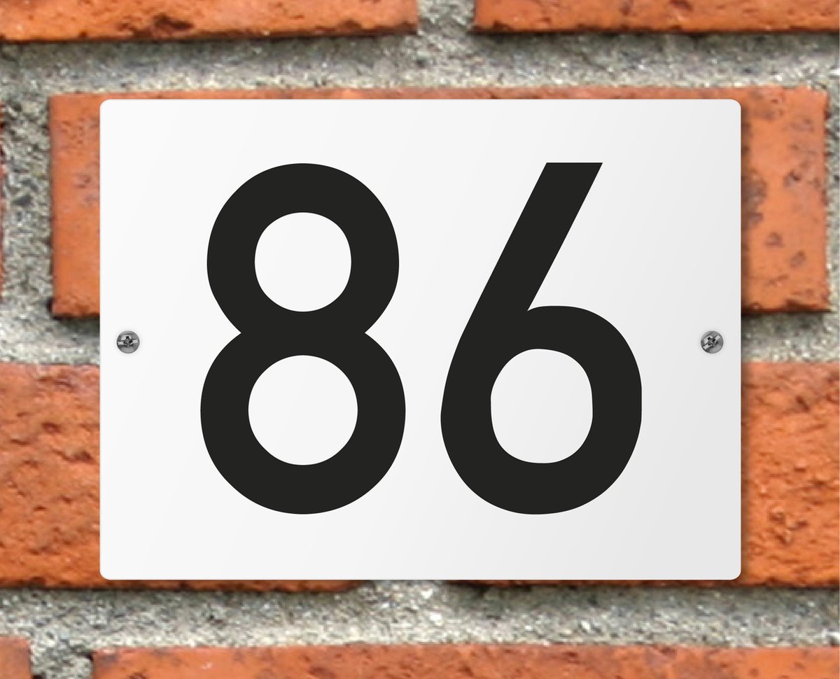 Huisnummerbord wit - Nummer 86 - standaard - 16 x 12 cm - schroeven - naambord - nummerbord - voordeur
