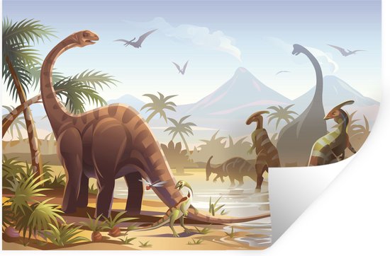 Muursticker kinderen - Muurstickers kinderkamer - Dinosaurus - Landschap - Tropisch - Kinderen - Jongens - Decoratie voor kinderkamers - 30x20 cm - Zelfklevend behangpapier - Stickerfolie