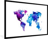 Fotolijst incl. Poster - Wereldkaart - Waterverf - Paars - Kinderen - Jongens - Meisjes - 90x60 cm - Posterlijst