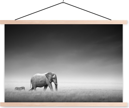 Posterhanger incl. Poster 150x100 cm - Schoolplaat - Olifant - Dieren - Landschap - Zwart wit - zebra - Textielposter - Blanke latten