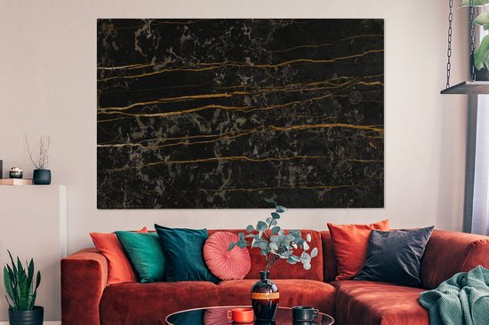 Canvas schilderij 150x100 cm - Wanddecoratie Marmer - Zwart - Goud - Ader - Muurdecoratie woonkamer - Slaapkamer decoratie - Kamer accessoires - Schilderijen op canvas