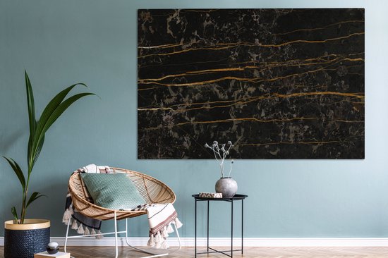 Canvas schilderij 150x100 cm - Wanddecoratie Marmer - Zwart - Goud - Ader - Muurdecoratie woonkamer - Slaapkamer decoratie - Kamer accessoires - Schilderijen op canvas
