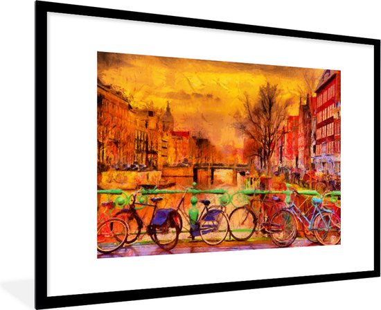 Fotolijst incl. Poster - Schilderij - Fiets - Amsterdam - Gracht - Olieverf - 120x80 cm - Posterlijst