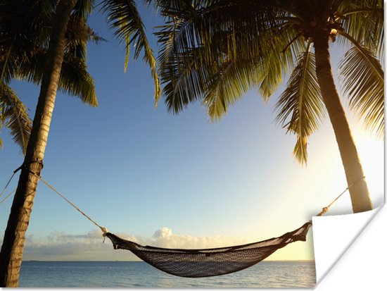 Hangmat tussen palmbomen op een tropisch strand Poster 160x120 cm - Foto print op Poster (wanddecoratie woonkamer / slaapkamer) / Zeeën en meren Poster / Zee en Strand XXL / Groot formaat!